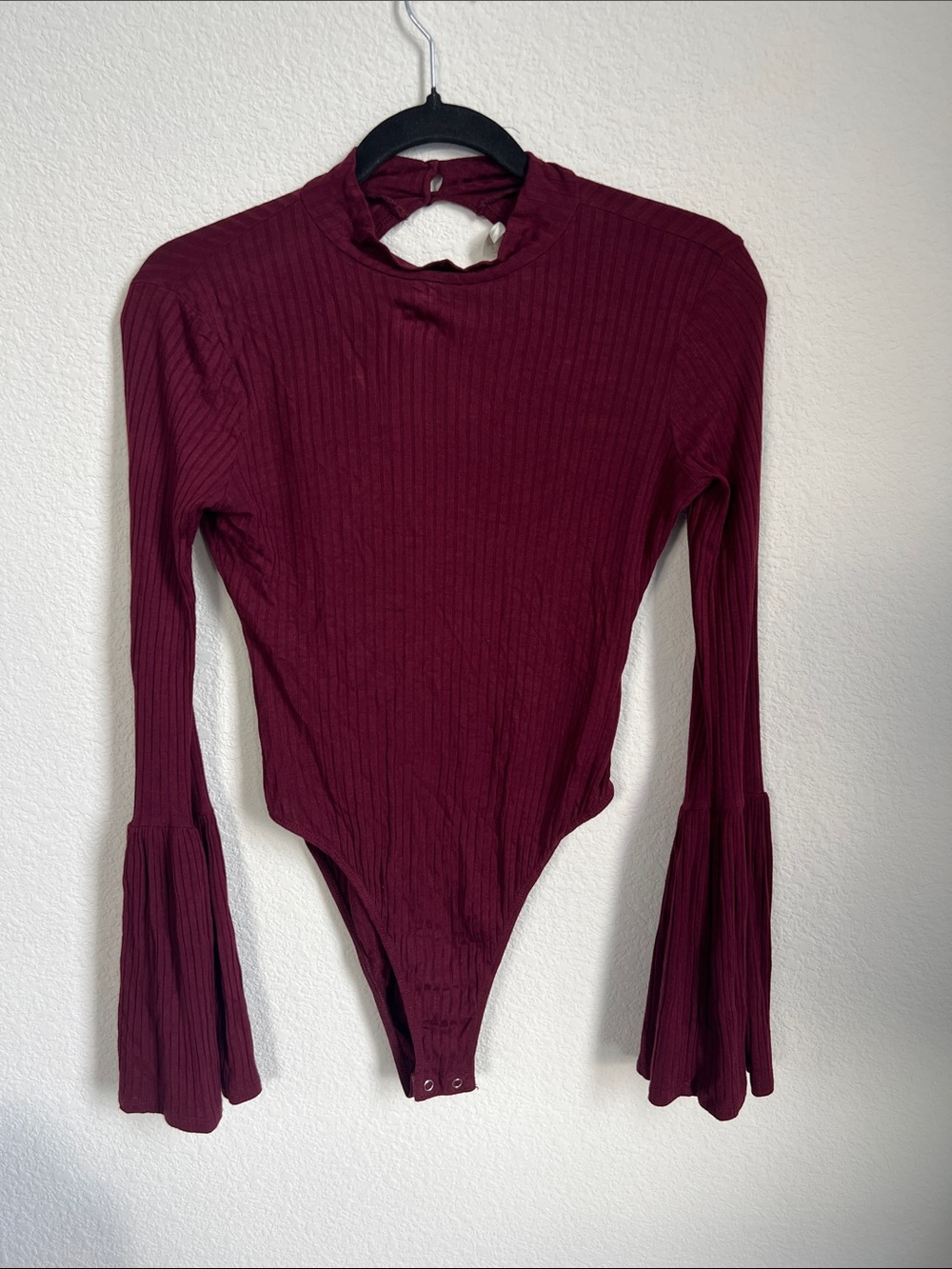 Women's Ribbed Long-Sleeve Burgundy One-Piece Bodysuit